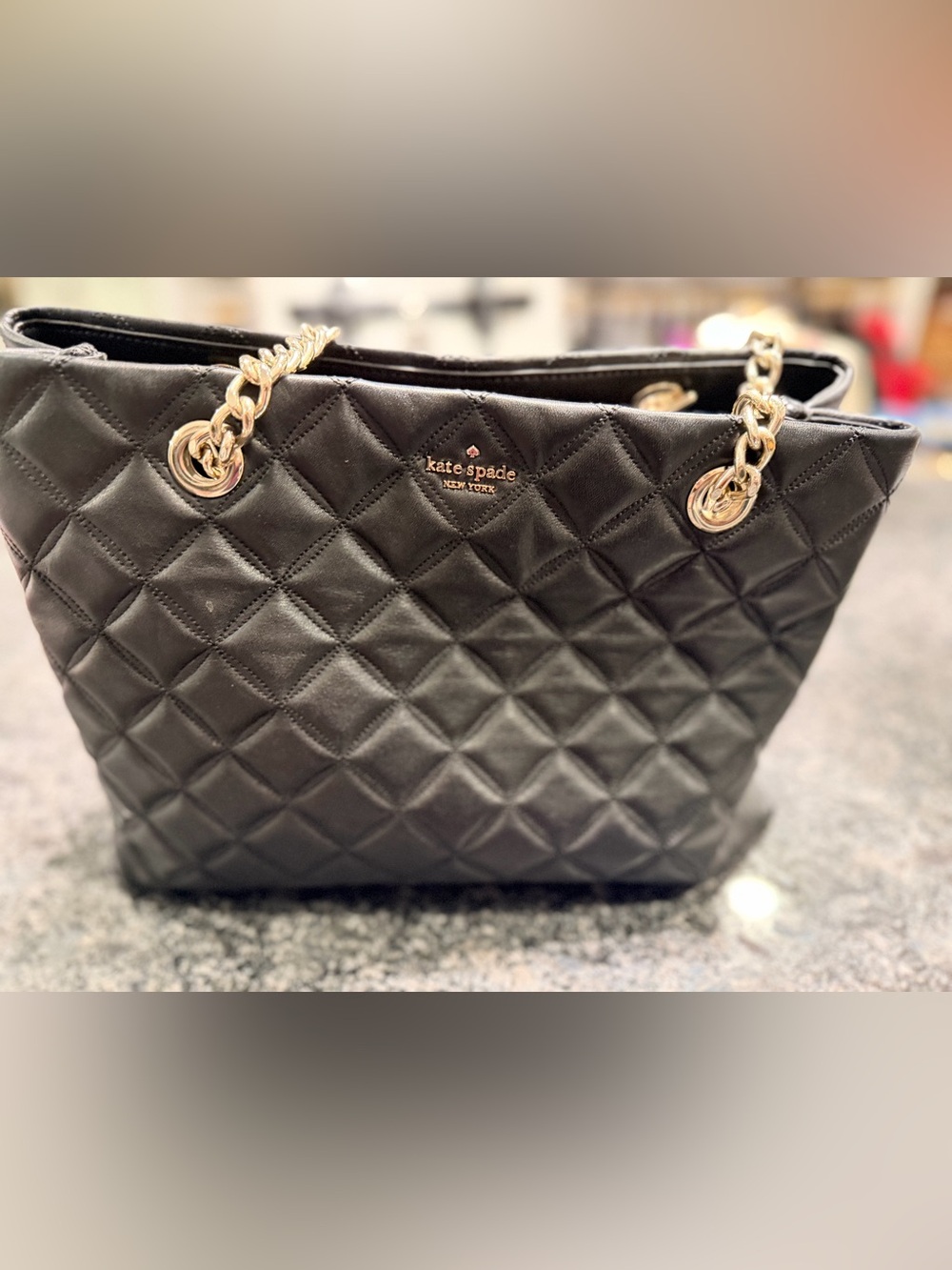 kate spade Black Quilted Leather Shoulder Bag with Gold Chain